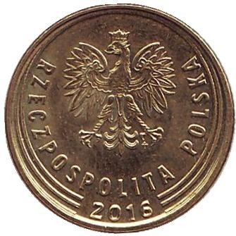 Монета 1 грош, 2016 год, Польша. Дубовый лист.