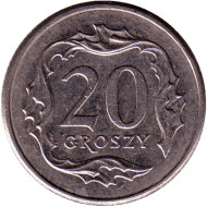 Монета 20 грошей. 2010 год, Польша.