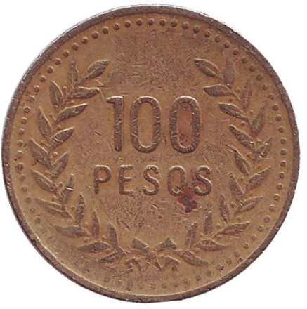 Монета 100 песо. 1994 год, Колумбия. (Маленькие цифры номинала)