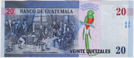 Банкнота 20 кетцалей. 2020 год, Гватемала. 200-летие независимости. Банкнота 20 кетцалей. 2020 год, Гватемала. 200-летие независимости.
