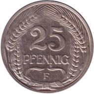 Монета 25 пфеннигов. 1912 год (F), Германская империя. Монета 25 пфеннигов. 1912 год (F), Германская империя.