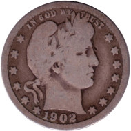 Монета 25 центов. 1902 год, США. (Без отметки монетного двора) "Четверть доллара Барбера". Монета 25 центов. 1902 год, США. (Без отметки монетного двора) "Четверть доллара Барбера".