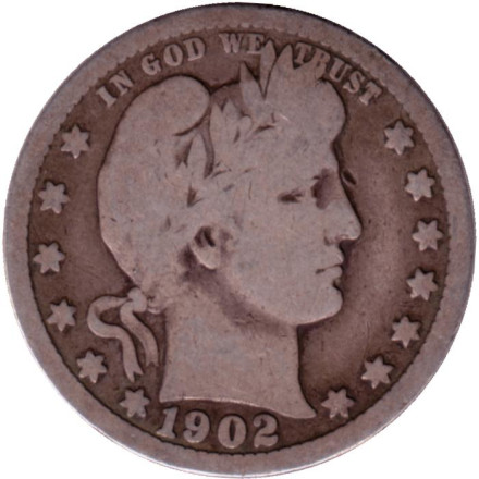 Монета 25 центов. 1902 год, США. (Без отметки монетного двора) "Четверть доллара Барбера".