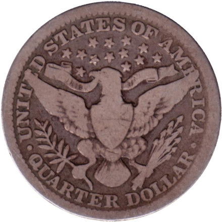 Монета 25 центов. 1902 год, США. (Без отметки монетного двора) "Четверть доллара Барбера". Монета 25 центов. 1902 год, США. (Без отметки монетного двора) "Четверть доллара Барбера".