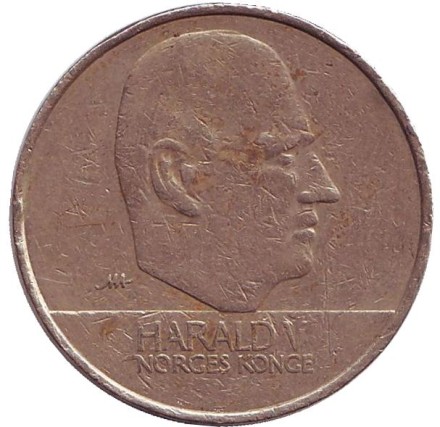 Монета 20 крон. 1995 год, Норвегия. Ладья викингов.