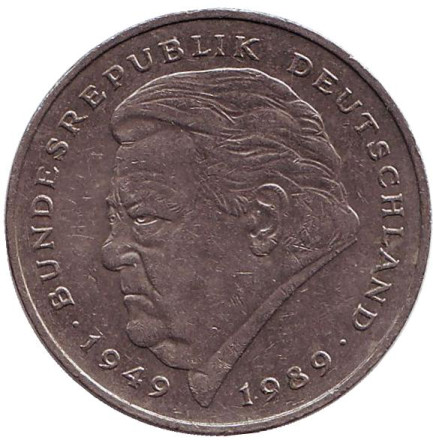 Монета 2 марки. 1990 год (D), ФРГ. Франц Йозеф Штраус.