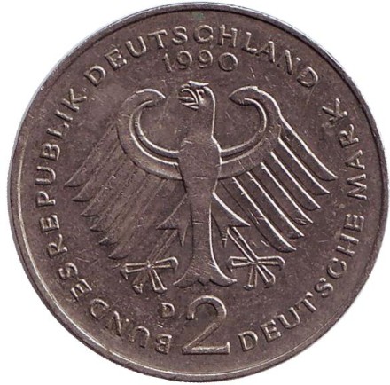 Монета 2 марки. 1990 год (D), ФРГ. Франц Йозеф Штраус. Монета 2 марки. 1990 год (D), ФРГ. Франц Йозеф Штраус.