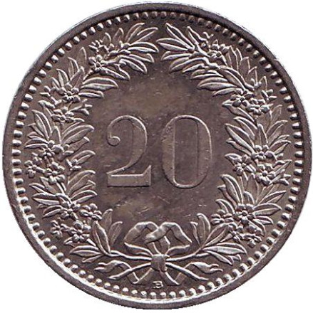 Монета 20 раппенов. 2004 год, Швейцария.
