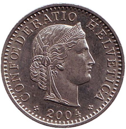 Монета 20 раппенов. 2004 год, Швейцария. Монета 20 раппенов. 2004 год, Швейцария.