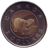 10 лет с начала чекана монет номиналом 2 доллара. Полярный медведь. Монета 2 доллара. 2006 год, Канада.