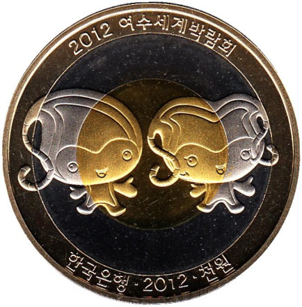 Монета 1000 вон. 2012 год, Южная Корея. ЭКСПО-2012 в Йосу.