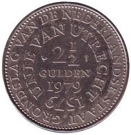 Монета 2,5 гульдена. 1979 год, Нидерланды. 400 лет Утрехтской унии. Монета 2,5 гульдена. 1979 год, Нидерланды. 400 лет Утрехтской унии.