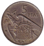 Монета 5 песет. 1957 год, Испания. (64 внутри звезды). Монета 5 песет. 1957 год, Испания. (64 внутри звезды).