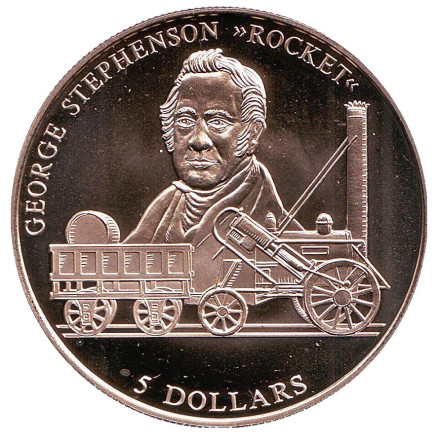 Монета 5 долларов. 2000 год, Либерия. Паровоз "Ракета" Джорджа Стивенсона.