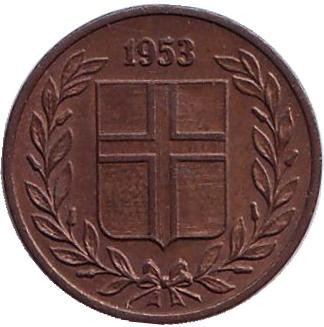 Монета 1 аурар. 1953 год, Исландия. Монета 1 аурар. 1953 год, Исландия.