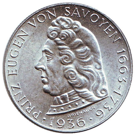Монета 2 шиллинга. 1936 год, Австрия. 200 лет со дня смерти Принца Евгения Савойского.