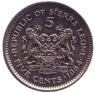 Монета 5 центов. 1984 год, Сьерра-Леоне. Монета 5 центов. 1984 год, Сьерра-Леоне.