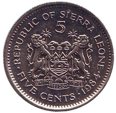 Монета 5 центов. 1984 год, Сьерра-Леоне.