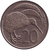 Монета 20 центов. 1984 год, Новая Зеландия. Киви (птица). Монета 20 центов. 1984 год, Новая Зеландия. Киви (птица).