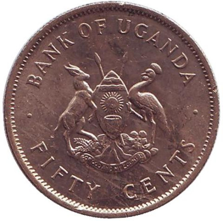 Монета 50 центов. 1974 год, Уганда. Райский журавль. (Африканская красавка).