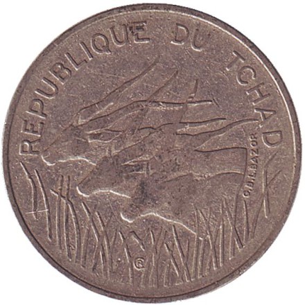 Монета 100 франков. 1971 год, Чад. Африканские антилопы. (Западные канны). Монета 100 франков. 1971 год, Чад. Африканские антилопы. (Западные канны).