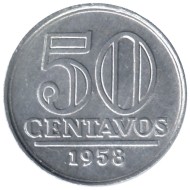 Монета 50 сентаво. 1958 год, Бразилия.  Монета 50 сентаво. 1958 год, Бразилия.
