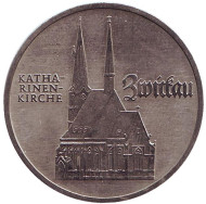 Монета 5 марок. 1989 год, ГДР. Церковь Св. Екатерины в Цвиккау. Монета 5 марок. 1989 год, ГДР. Церковь Св. Екатерины в Цвиккау.