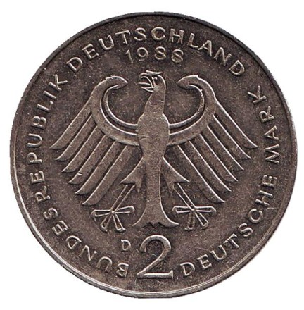 Монета 2 марки. 1988 год (D), ФРГ. Людвиг Эрхард. Монета 2 марки. 1988 год (D), ФРГ. Людвиг Эрхард.