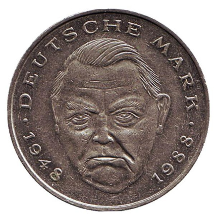Монета 2 марки. 1988 год (D), ФРГ. Людвиг Эрхард.