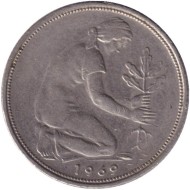 Монета 50 пфеннигов. 1969 (G) год, ФРГ. Женщина, сажающая дуб. Монета 50 пфеннигов. 1969 (G) год, ФРГ. Женщина, сажающая дуб.