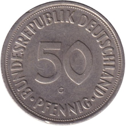 Монета 50 пфеннигов. 1969 (G) год, ФРГ. Женщина, сажающая дуб. Монета 50 пфеннигов. 1969 (G) год, ФРГ. Женщина, сажающая дуб.