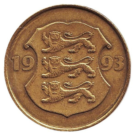 Монета 5 крон, 1993 год, Эстония. (Отметка "M" повернутая вправо рядом с нижним львом). Из обращения. Косуля. 75 лет Эстонской республике.