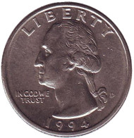 Монета 25 центов. 1994 (D) год, США. Вашингтон. Монета 25 центов. 1994 (D) год, США. Вашингтон.