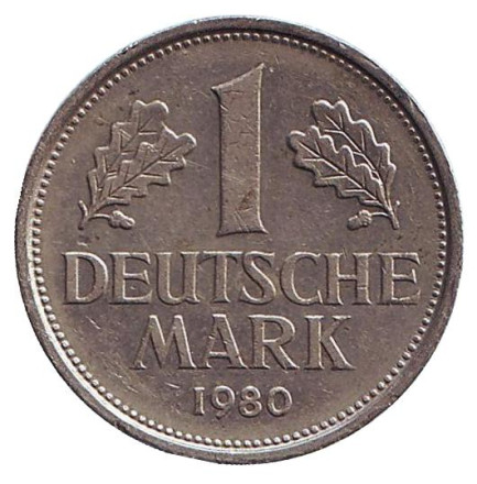 Монета 1 марка. 1980 год (D), ФРГ.