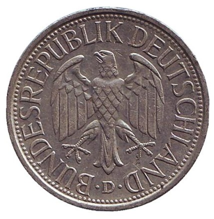 Монета 1 марка. 1980 год (D), ФРГ. Монета 1 марка. 1980 год (D), ФРГ.