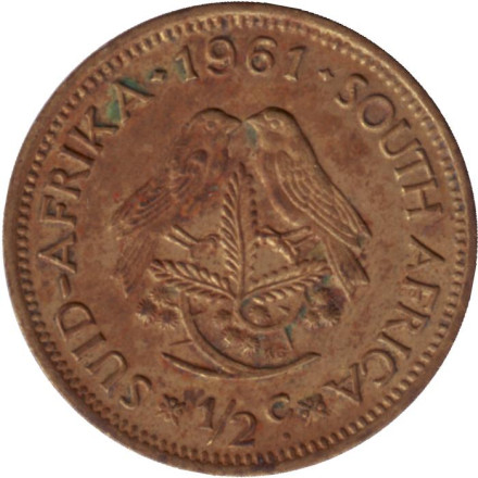 Монета 1/2 цента. 1961 год, ЮАР. Воробьи.