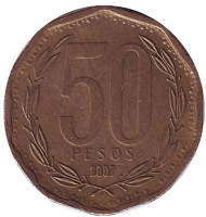 Монета 50 песо. 2007 год, Чили. Бернардо О’Хиггинс. Монета 50 песо. 2007 год, Чили. Бернардо О’Хиггинс.