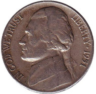 Монета 5 центов. 1951 год, США. Джефферсон. Монтичелло. Монета 5 центов. 1951 год, США. Джефферсон. Монтичелло.