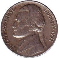 Джефферсон. Монтичелло. Монета 5 центов. 1951 год, США.