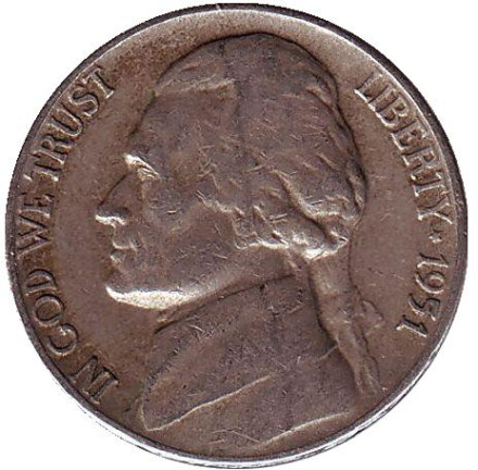 Монета 5 центов. 1951 год, США. Джефферсон. Монтичелло.
