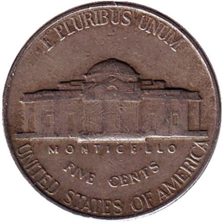 Монета 5 центов. 1951 год, США. Джефферсон. Монтичелло. Монета 5 центов. 1951 год, США. Джефферсон. Монтичелло.