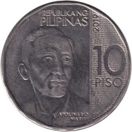 Монета 10 песо. 2019 год, Филиппины. Аполинарио Мабини. Мединилла. (Растение).