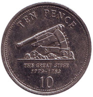 Монета 10 пенсов. 2005 год, Гибралтар. Большая осада Гибралтара. Пушка. Монета 10 пенсов. 2005 год, Гибралтар. Большая осада Гибралтара. Пушка.
