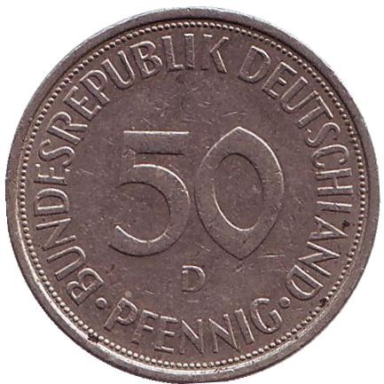 Монета 50 пфеннигов. 1974 (D) год, ФРГ. Женщина, сажающая дуб. Монета 50 пфеннигов. 1974 (D) год, ФРГ. Женщина, сажающая дуб.