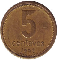 Монета 5 сентаво. 1992 год, Аргентина. Монета 5 сентаво. 1992 год, Аргентина.