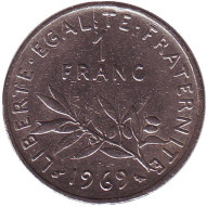 Монета 1 франк. 1969 год, Франция. Монета 1 франк. 1969 год, Франция.