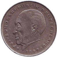 Конрад Аденауэр. Монета 2 марки. 1980 год (F), ФРГ. Из обращения.