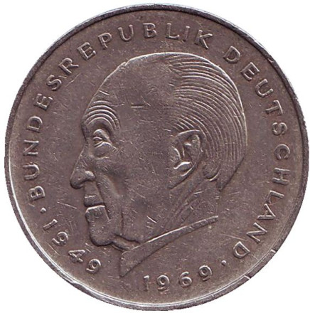 Монета 2 марки. 1980 год (F), ФРГ. Из обращения. Конрад Аденауэр.