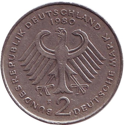 Монета 2 марки. 1980 год (F), ФРГ. Конрад Аденауэр. Монета 2 марки. 1980 год (F), ФРГ. Конрад Аденауэр.