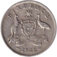 Монета 6 пенсов. 1942 год, Австралия.